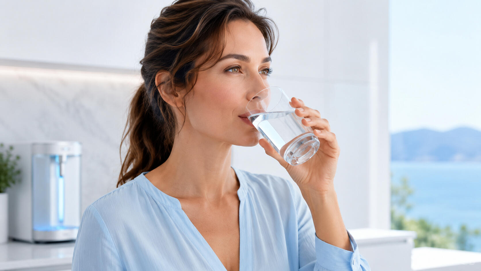 Pretty woman drinking water for a Structured water company generation unit. Pretty Woman drinking structured water